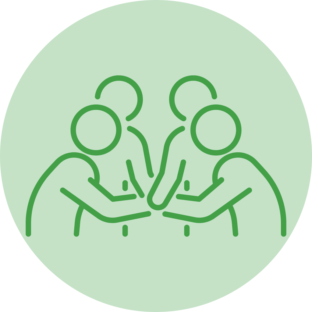 Icon of three people joining hands in a circular green background, symbolising teamwork and collaboration.