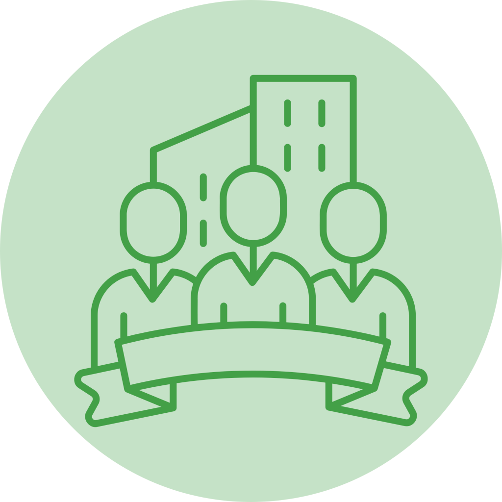 Icon of three people standing together in front of a building, set against a green background.