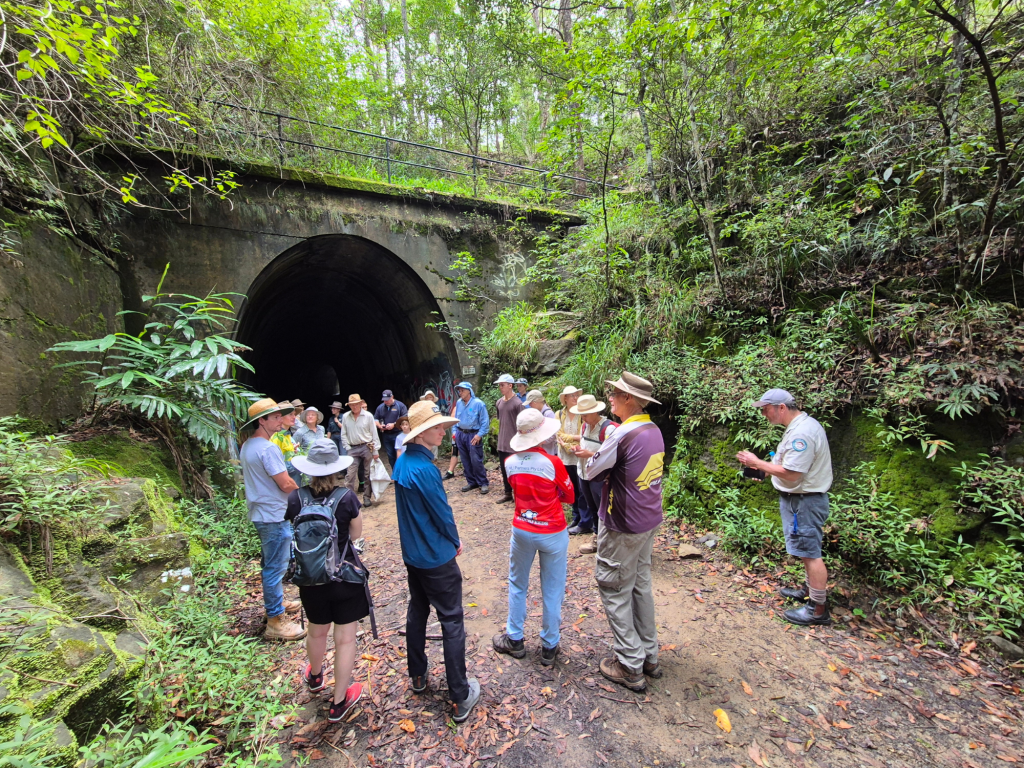 A group of people gathered near a tunnel entrance surrounded by lush greenery in a forested area.