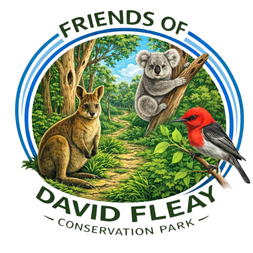 Logo of Friends of David Fleay Conservation Park featuring a kangaroo, a koala, and a bird in a lush green environment.