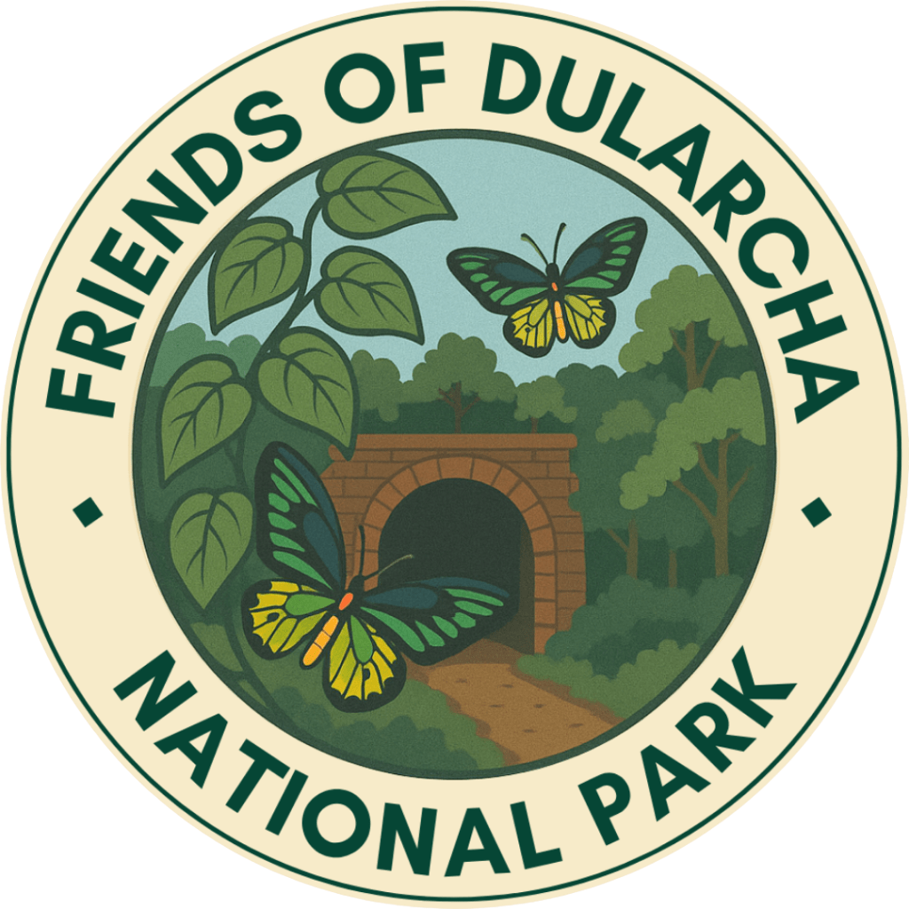 Logo of Friends of Dularcha National Park featuring butterflies and lush greenery with an archway opening into a forest path.
