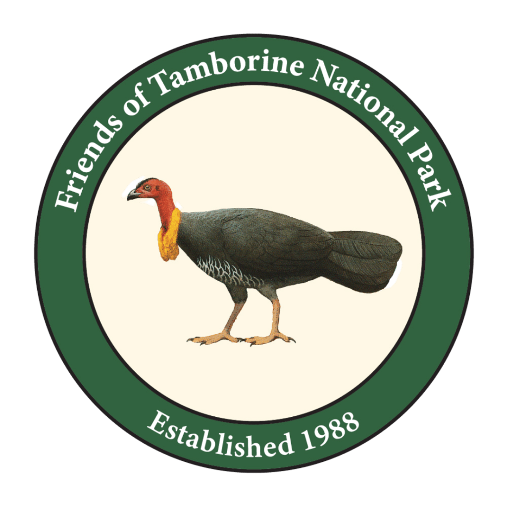Logo of Friends of Tamborine National Park featuring a bird illustration, with text indicating the establishment year 1988.