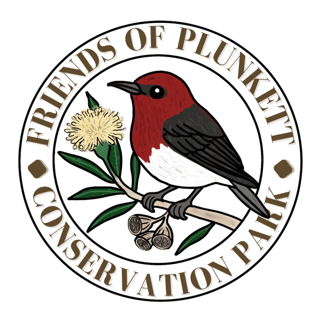 Logo of Friends of Plunkett Conservation Park featuring a bird perched on a branch with a native flower.