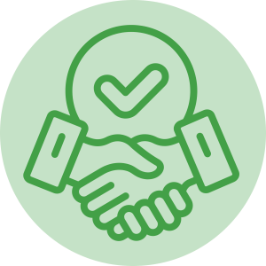 A green circular icon featuring a handshake symbol with a light bulb above it, representing collaboration and partnership.
