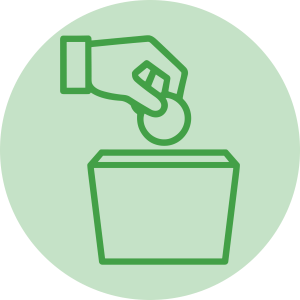 Illustration of a hand dropping a coin into a container, set against a green background.