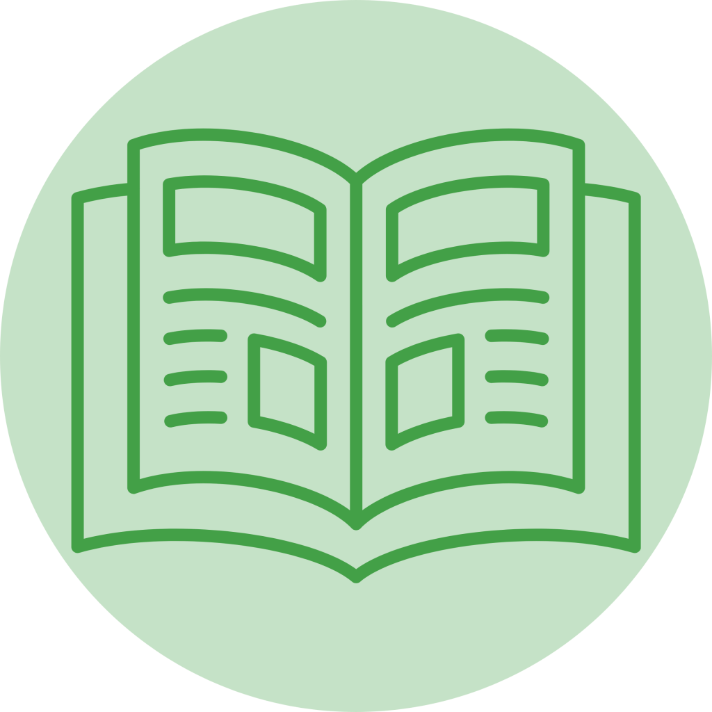 An open book icon on a bright green background.